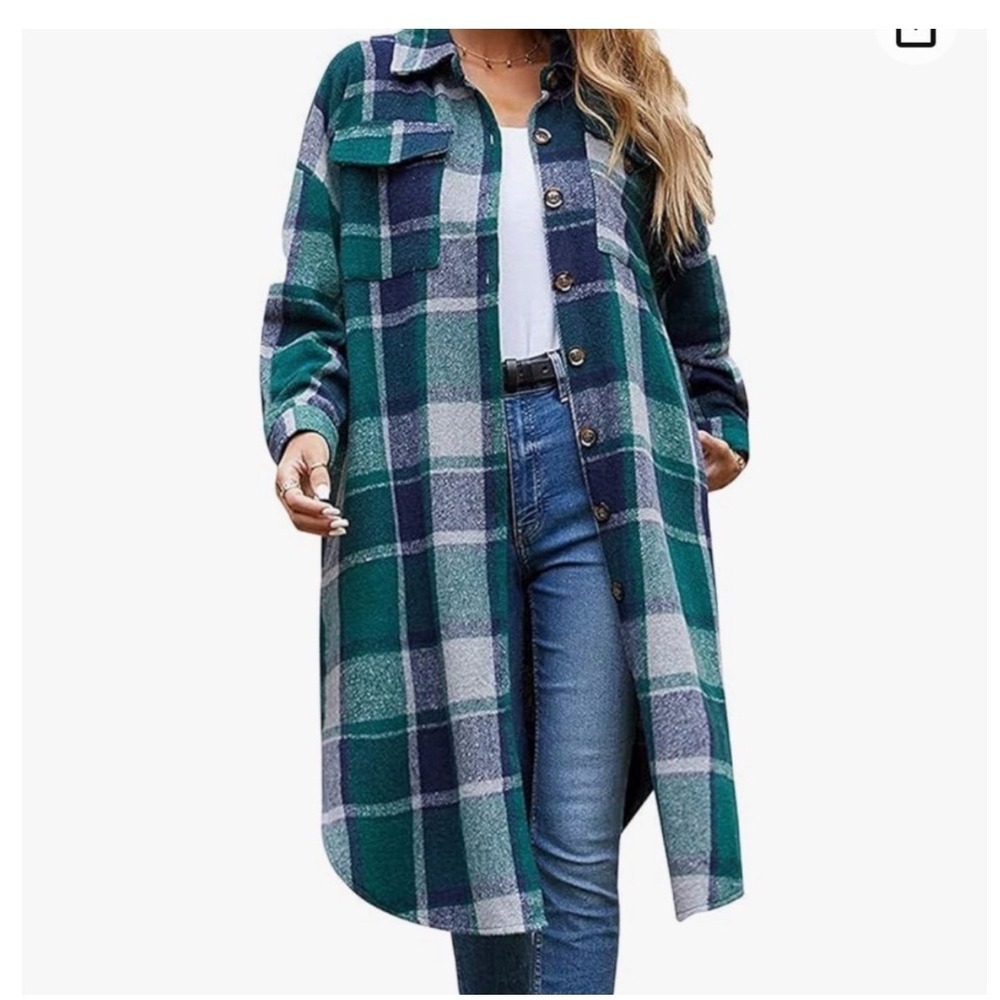 SHEIN‎ Plaid Longline Shacket Shirt Jacket Y2K Grunge Green Navy Gray Size Small